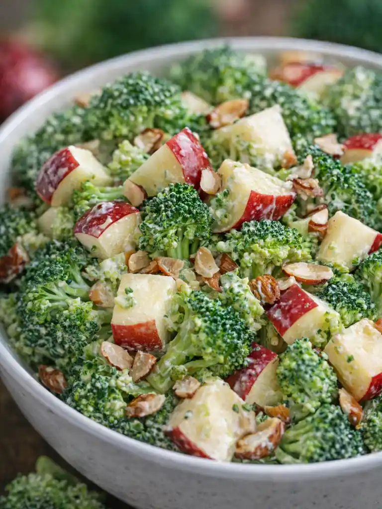 Honeycrisp Apple Broccoli Salad with creamy dressing, fresh broccoli florets, red apple chunks, and toasted pecans