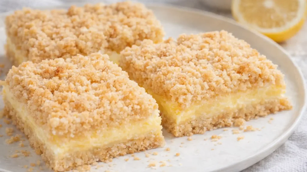 Lemon Crumb Bars with creamy lemon filling and golden buttery crumb topping on a white plate