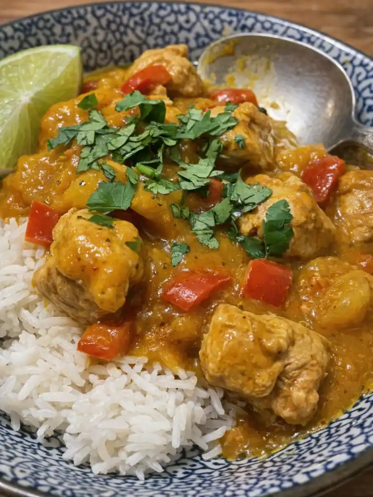 Close up of Mango Chicken Curry served over white rice with cilantro and lime