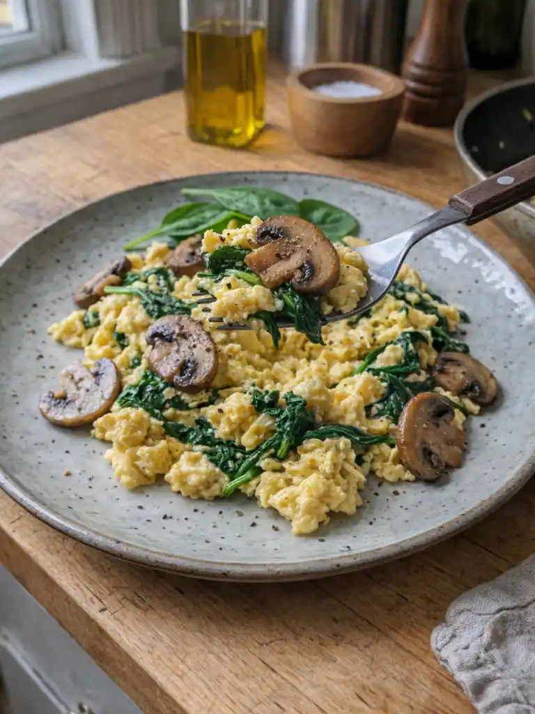 Mushroom Spinach Scrambled Eggs served with sautéed mushrooms and spinach on a fork