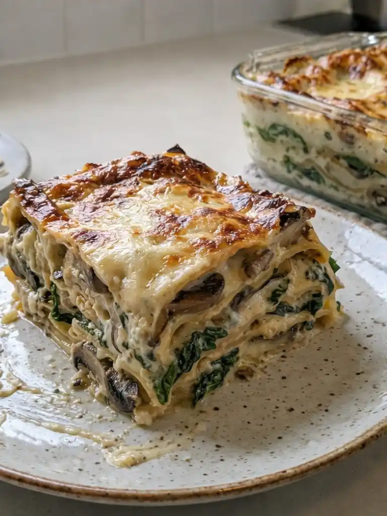 Creamy Spinach Mushroom Lasagna layered with béchamel, spinach and mushrooms on a ceramic plate