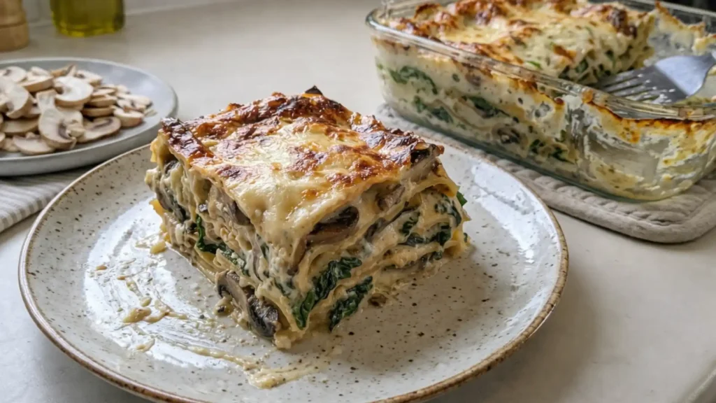 Creamy Spinach Mushroom Lasagna slice with béchamel, spinach and mushrooms on a plate
