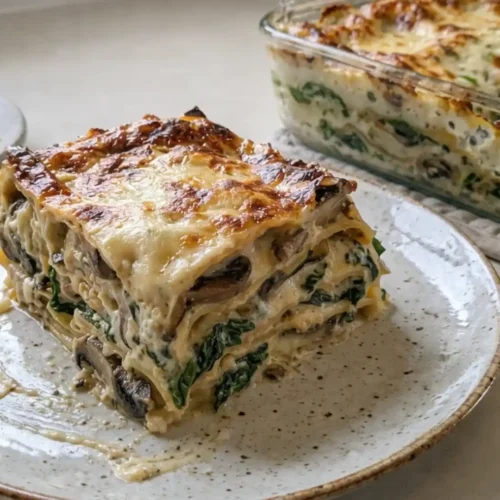 Creamy Spinach Mushroom Lasagna slice with béchamel, spinach and mushrooms on a plate
