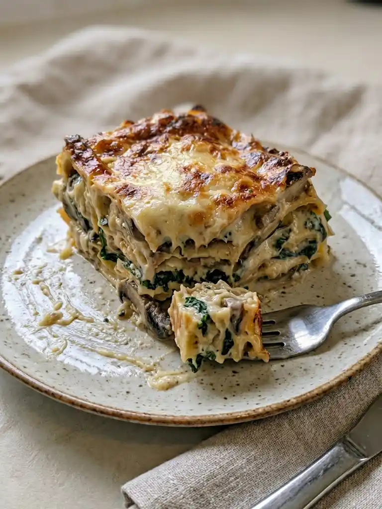 Creamy Spinach Mushroom Lasagna slice with fork, layered spinach, mushrooms and béchamel sauce