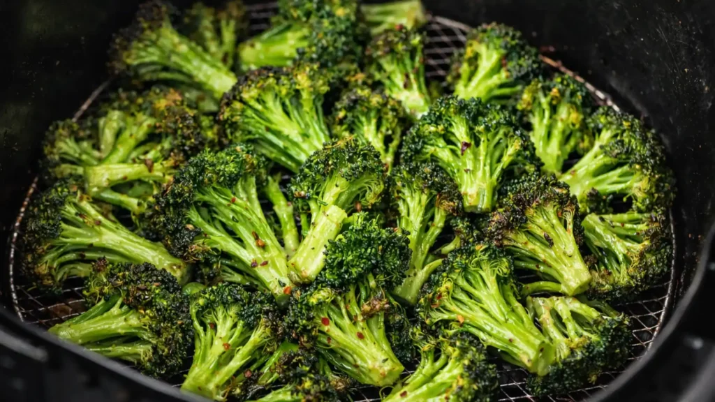 Air fryer broccoli florets crisping in basket with golden edges