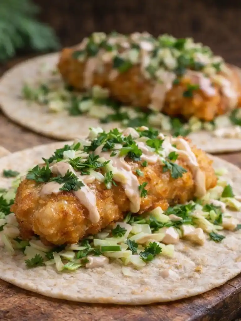 Baja Fish Tacos 2 Baja Fish Tacos topped with crispy fried fish, cabbage slaw, and creamy chipotle sauce on corn tortillas