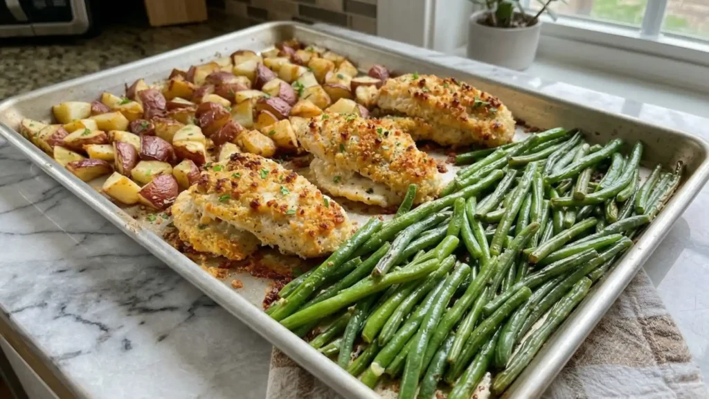 Parmesan Crusted Chicken Sheet Pan Dinner with roasted potatoes and garlic green beans on a baking sheet