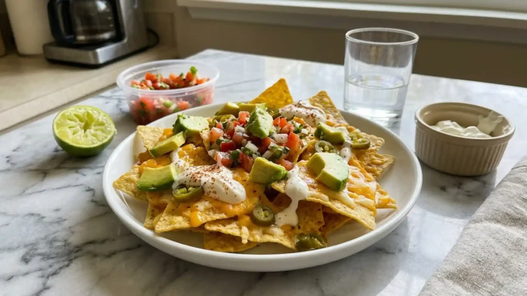 Air Fryer Nachos topped with melted cheese, avocado, jalapenos, sour cream, and fresh pico de gallo