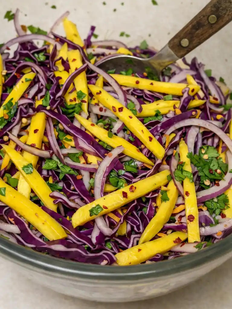 Vibrant mango slaw with red cabbage, onions, herbs, and chili flakes