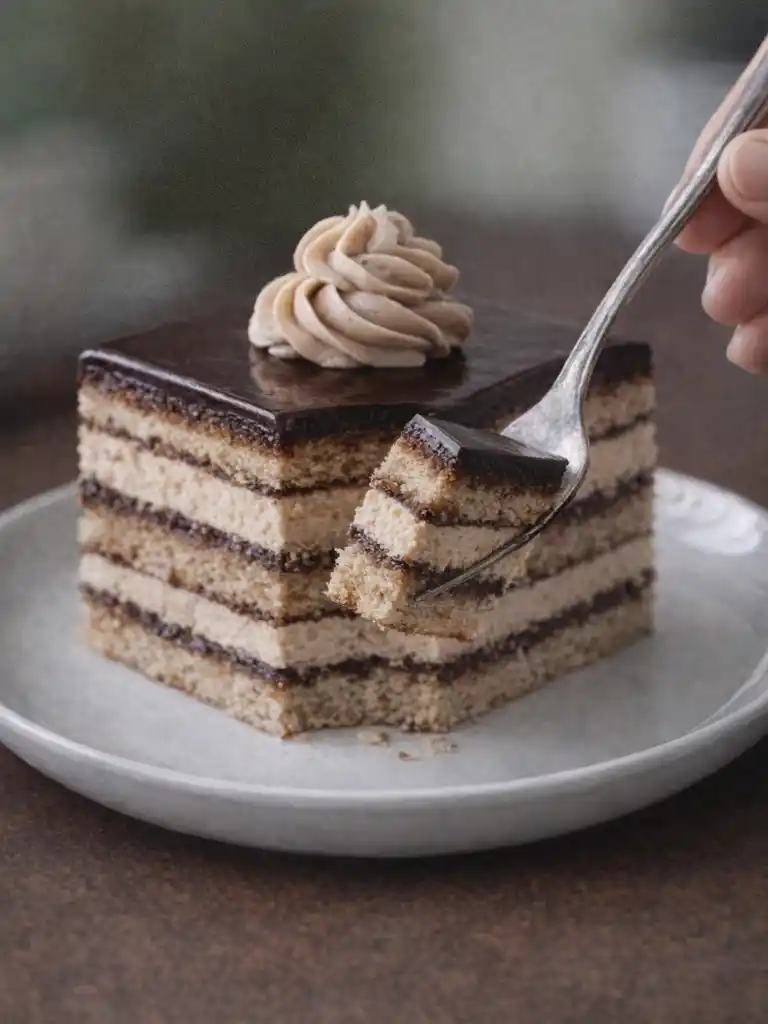Opera cake slice with layered almond sponge, coffee buttercream, and chocolate glaze on fork