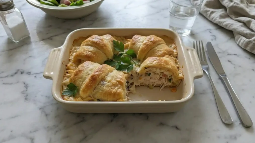 Chicken Crescent Casserole baked with creamy chicken filling and golden crescent roll topping