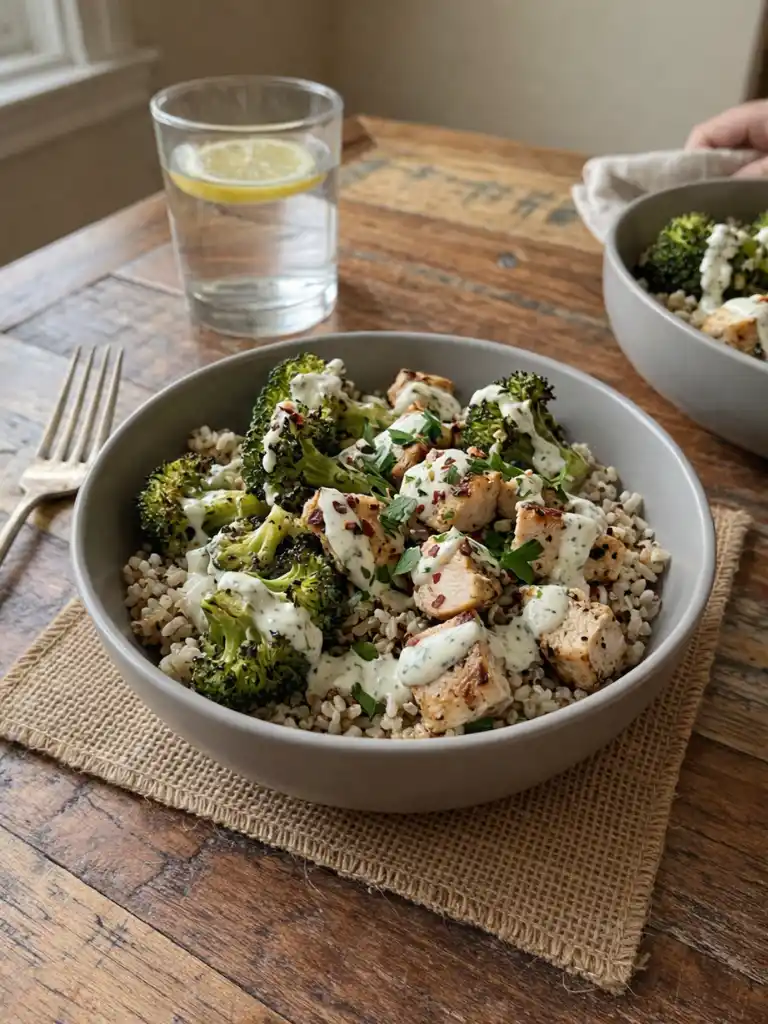 Grilled Chicken Broccoli Bowls with Creamy Garlic Sauce topped with herbs and served over whole grains