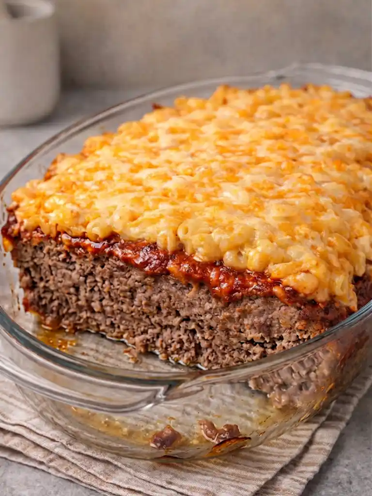 Mac and Cheese Meatloaf Casserole 2 Mac and Cheese Meatloaf Casserole with baked beef base and creamy cheesy macaroni topping in glass dish