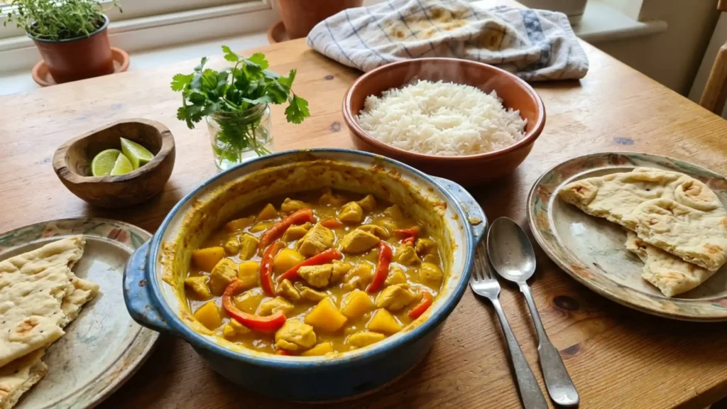 Mango Chicken Curry served with rice, naan, lime wedges, and fresh cilantro on a wooden table