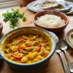 Mango Chicken Curry served with rice, naan, lime wedges, and fresh cilantro on a wooden table