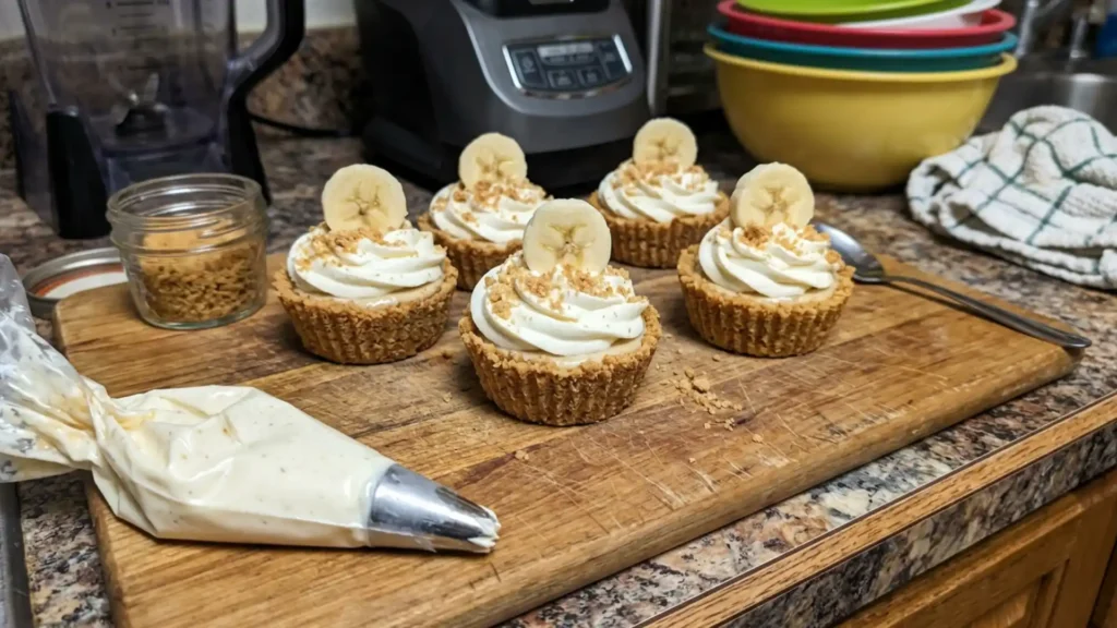 No-bake Mini Banana Cream Pies topped with whipped cream and banana slices on a wooden board