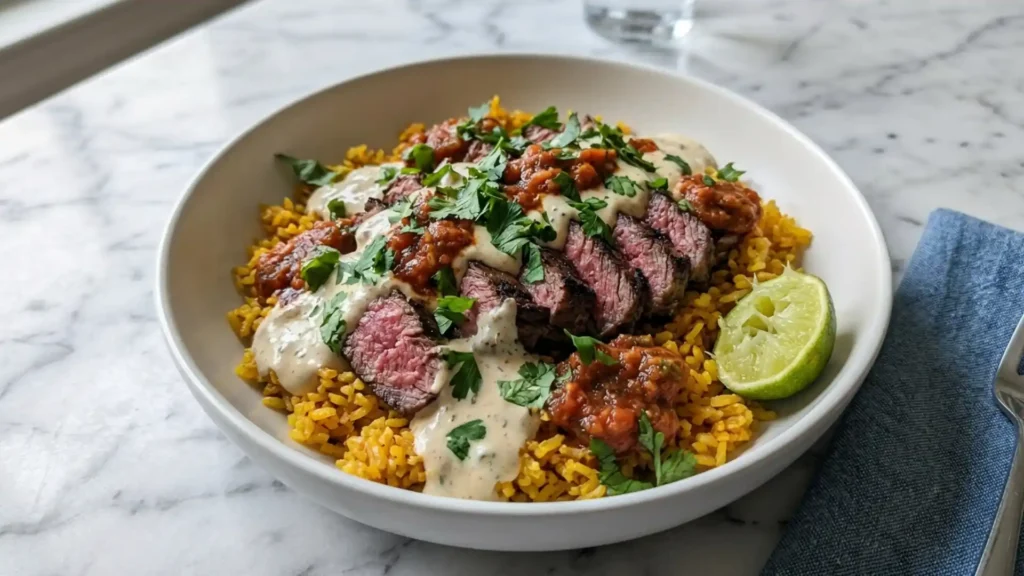 Steak Queso Rice Bowl with sliced medium rare steak, yellow rice, creamy queso, salsa, cilantro, and lime wedge