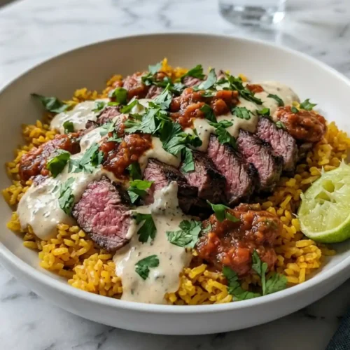Steak Queso Rice Bowl with sliced medium rare steak, yellow rice, creamy queso, salsa, cilantro, and lime wedge