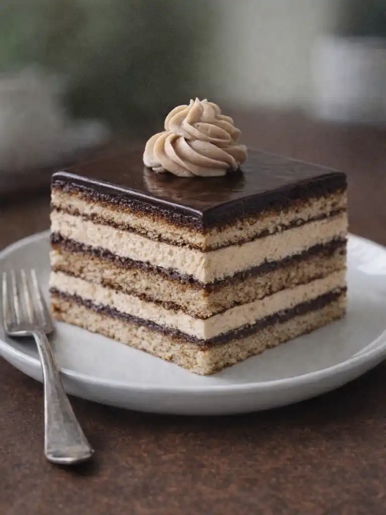 Classic Opera cake slice with almond sponge, coffee buttercream, and chocolate glaze
