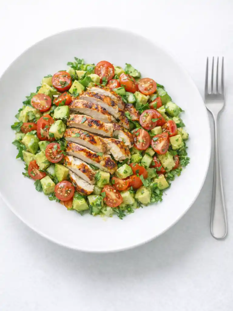 Healthy avocado chicken salad with grilled chicken, cherry tomatoes, and diced avocado in a white bowl