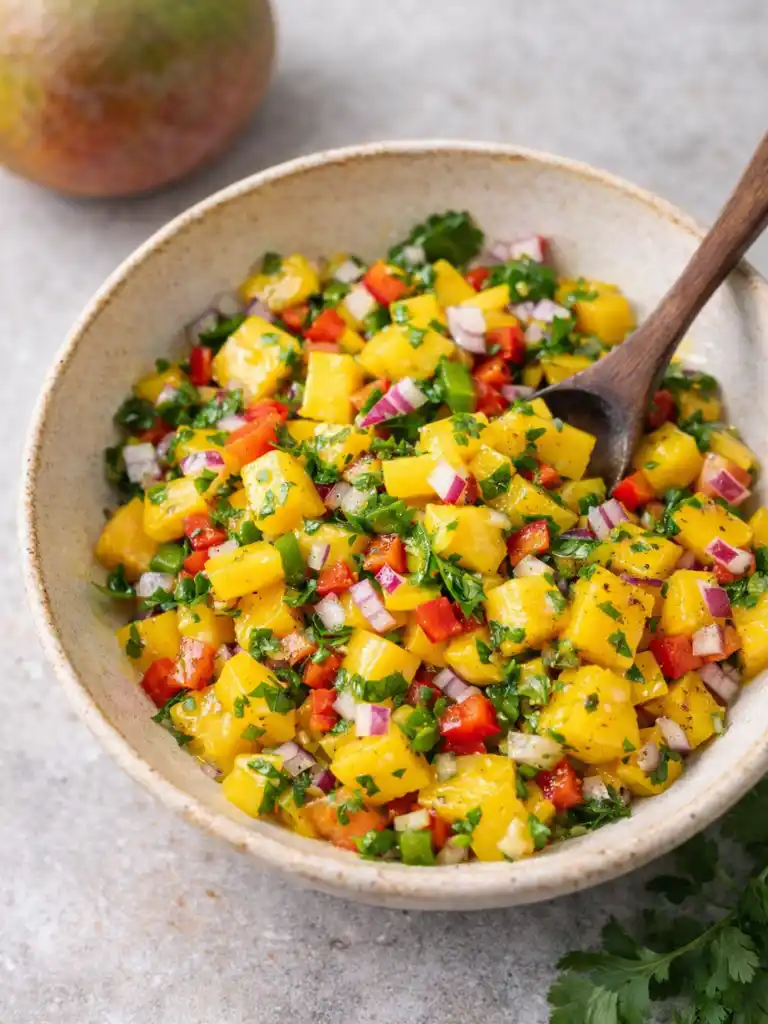 The Best Mango Salsa in a ceramic bowl with diced mango, red onion, peppers, and cilantro