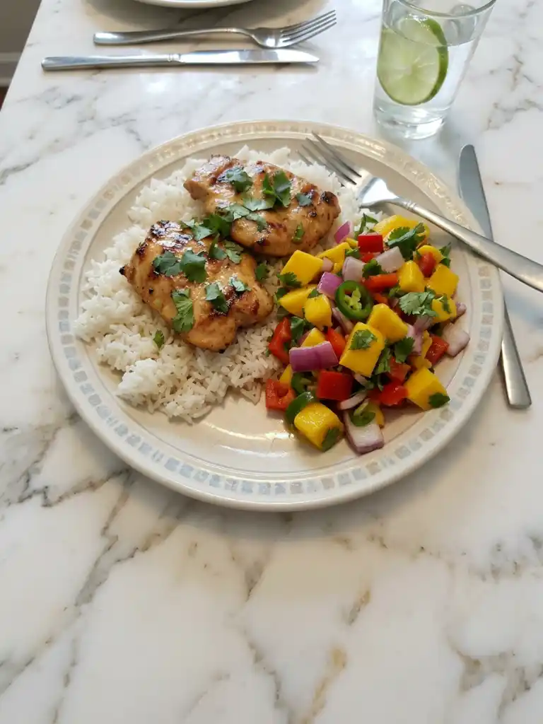Honey Lime Chicken with Mango Salsa served with white rice, cilantro, red onion, and jalapeño on a dinner plate