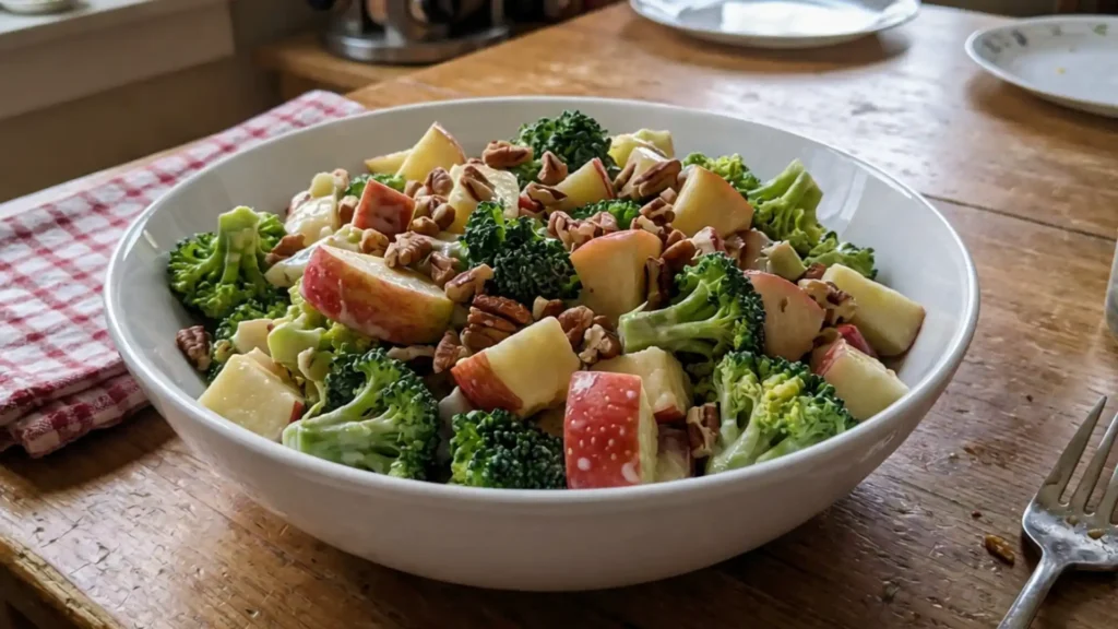 Honeycrisp Apple Broccoli Salad with fresh broccoli, crisp apples, and toasted pecans in a white bowl