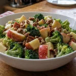 Honeycrisp Apple Broccoli Salad with fresh broccoli, crisp apples, and toasted pecans in a white bowl