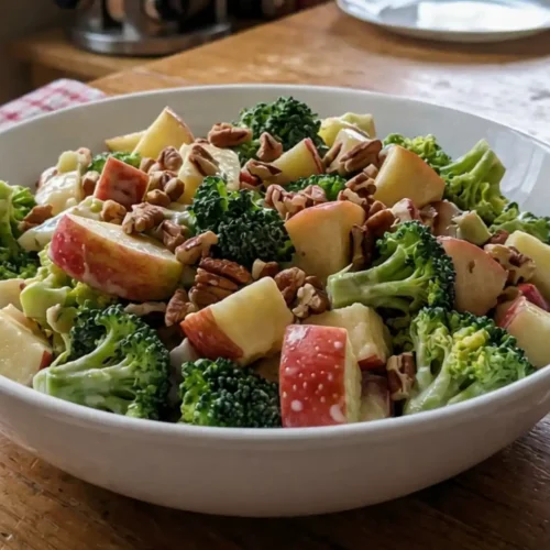 Honeycrisp Apple Broccoli Salad with fresh broccoli, crisp apples, and toasted pecans in a white bowl
