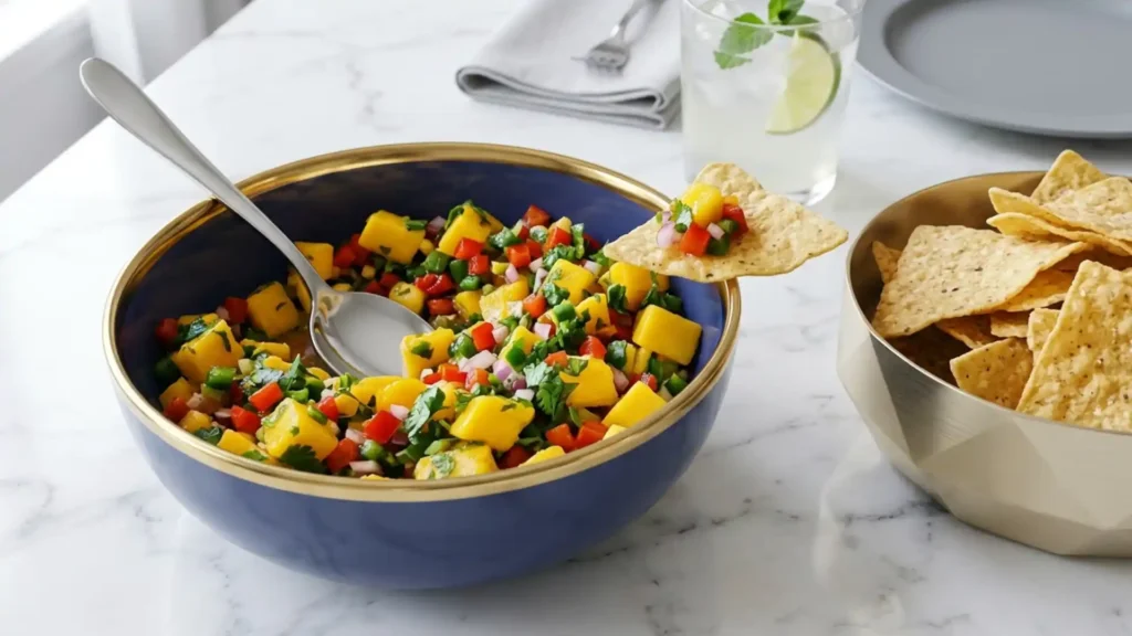 The Best Mango Salsa served in a blue bowl with tortilla chips on a marble table