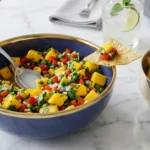 The Best Mango Salsa served in a blue bowl with tortilla chips on a marble table