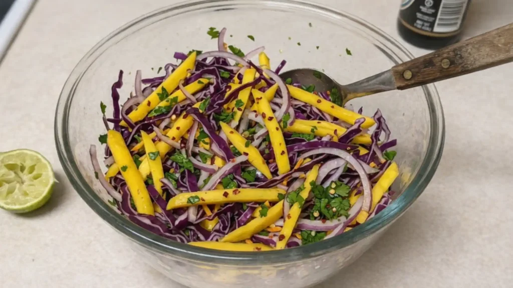 Colorful mango slaw with red cabbage, onions, herbs, and lime dressing