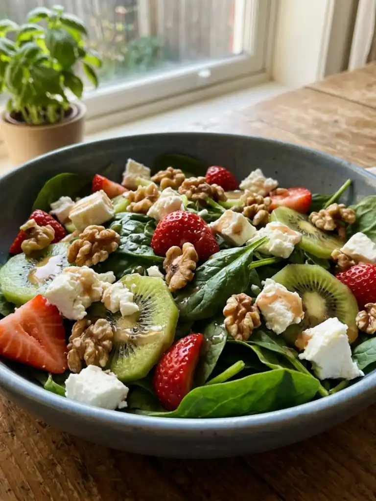 Fresh Strawberry Kiwi Spinach Salad with feta cubes, walnuts, sliced strawberries, and kiwi over baby spinach