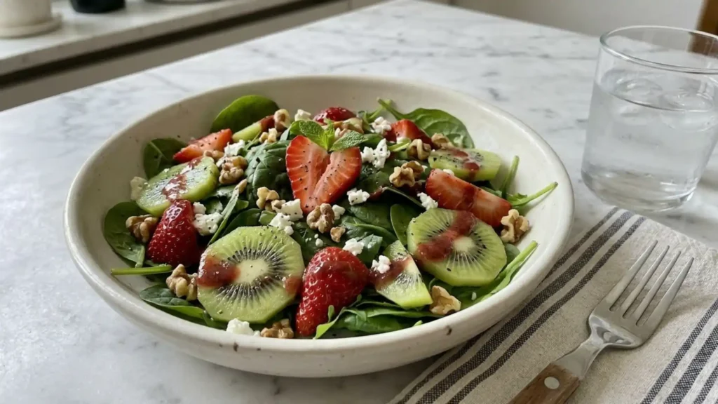 Fresh Strawberry Kiwi Spinach Salad with feta, walnuts, sliced strawberries, and kiwi on baby spinach