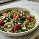 Fresh Strawberry Kiwi Spinach Salad with feta, walnuts, sliced strawberries, and kiwi on baby spinach