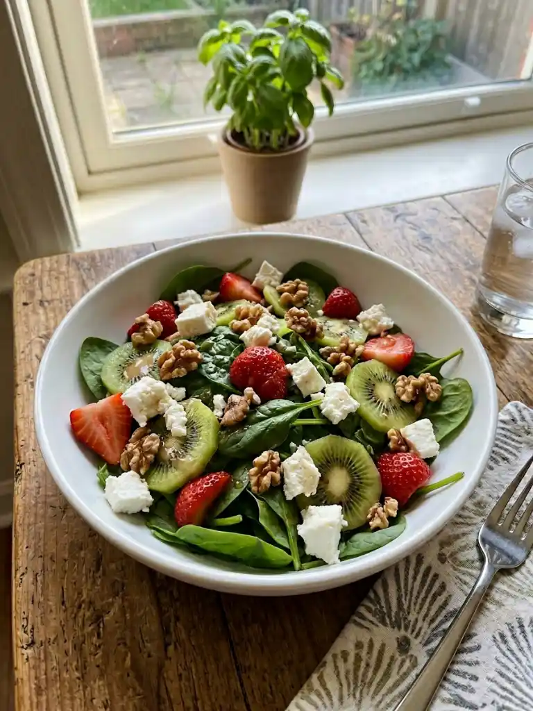 Fresh Strawberry Kiwi Spinach Salad with feta, walnuts, strawberries, and kiwi in a white bowl