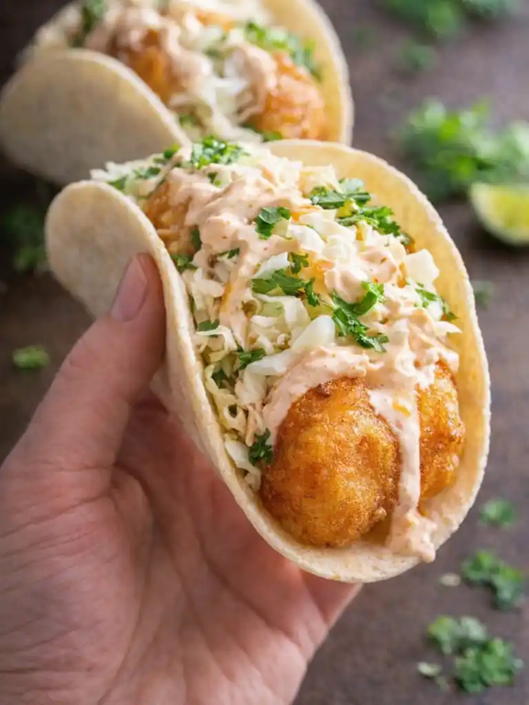 Baja Fish Tacos 3 Baja Fish Tacos with crispy golden fish, shredded cabbage, and creamy chipotle sauce in warm corn tortillas