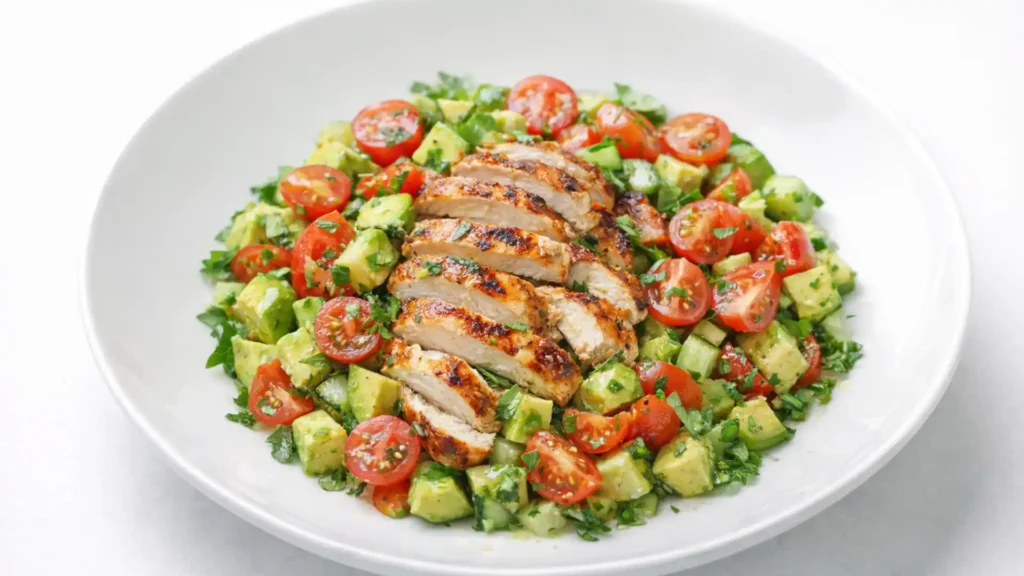 Healthy avocado chicken salad with grilled chicken, cherry tomatoes, and diced avocado in a white bowl