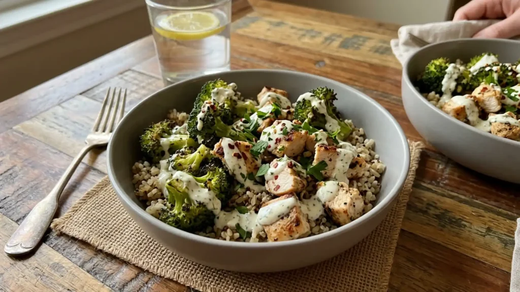 Grilled Chicken Broccoli Bowls with Creamy Garlic Sauce served over rice with roasted broccoli and herbs