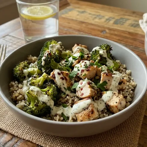 Grilled Chicken Broccoli Bowls with Creamy Garlic Sauce served over rice with roasted broccoli and herbs