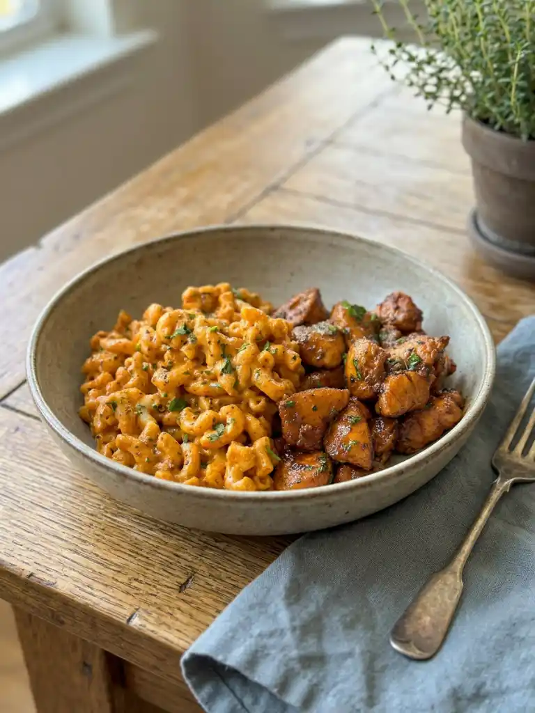 High Protein Honey Garlic Butter Chicken Mac and Cheese 2 High protein honey garlic butter chicken mac and cheese served in a bowl on wooden table