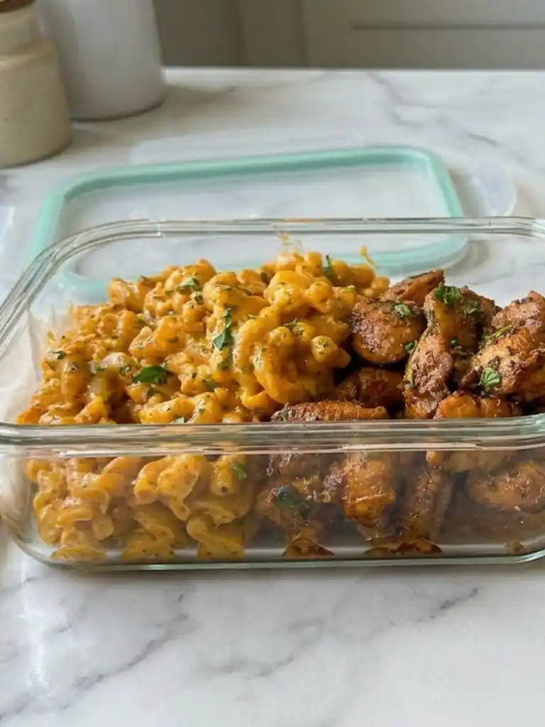 High Protein Honey Garlic Butter Chicken Mac and Cheese 3 High protein honey garlic butter chicken mac and cheese in glass container for meal prep