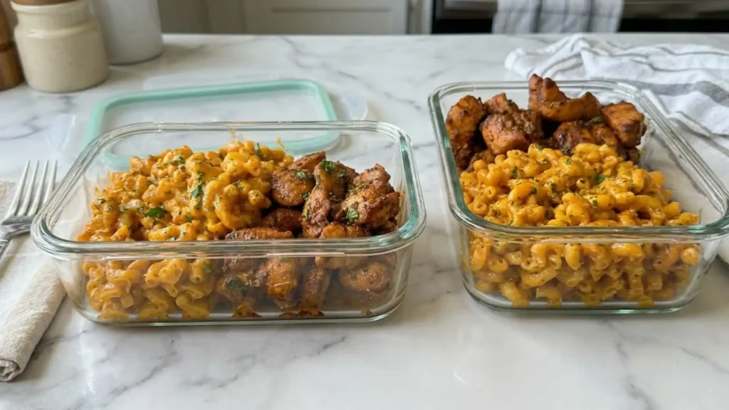 High protein honey garlic butter chicken mac and cheese in glass meal prep containers on marble counter