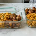 High protein honey garlic butter chicken mac and cheese in glass meal prep containers on marble counter