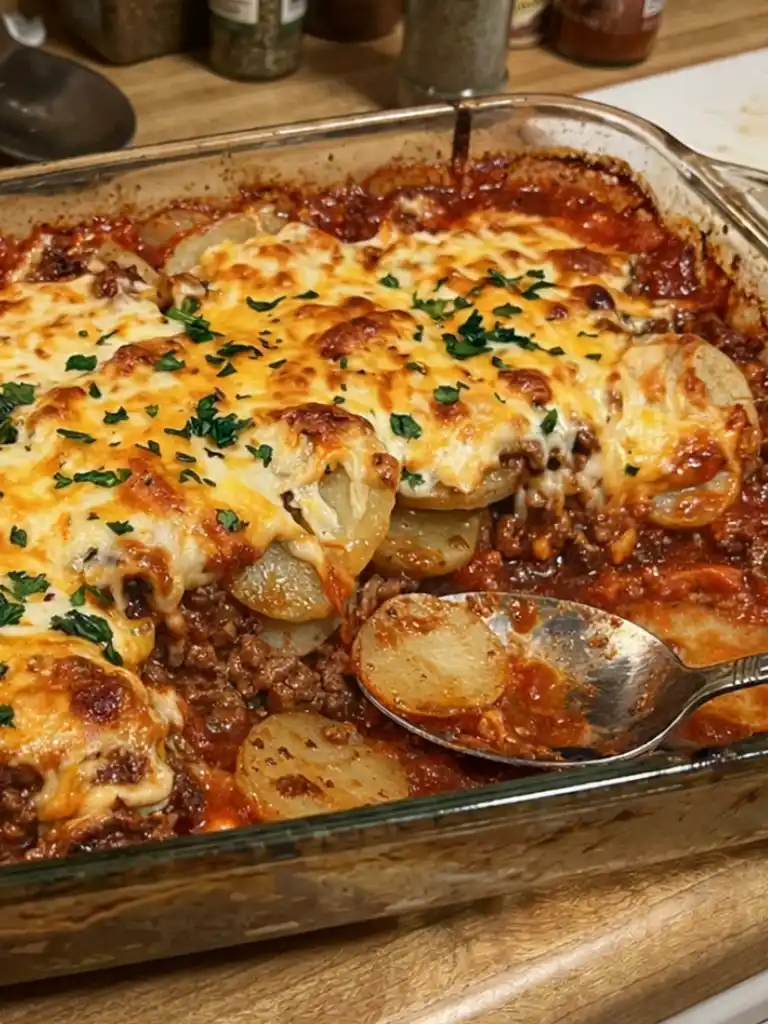 Hobo Casserole Ground Beef layered with sliced potatoes and melted cheese in a baked glass casserole dish