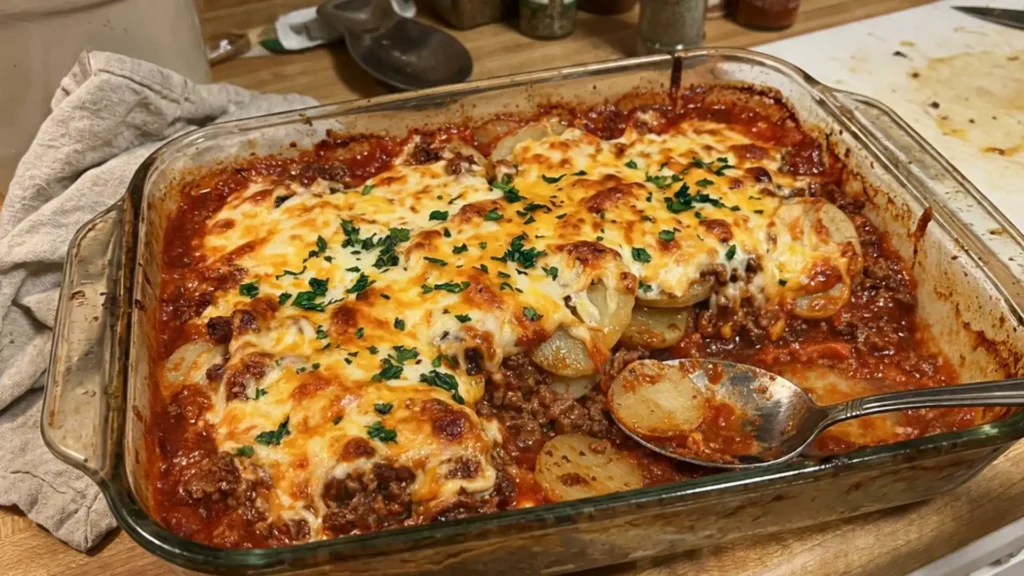 Hobo Casserole Ground Beef baked with sliced potatoes, seasoned beef, and melted golden cheese in a glass dish