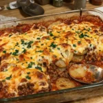 Hobo Casserole Ground Beef baked with sliced potatoes, seasoned beef, and melted golden cheese in a glass dish