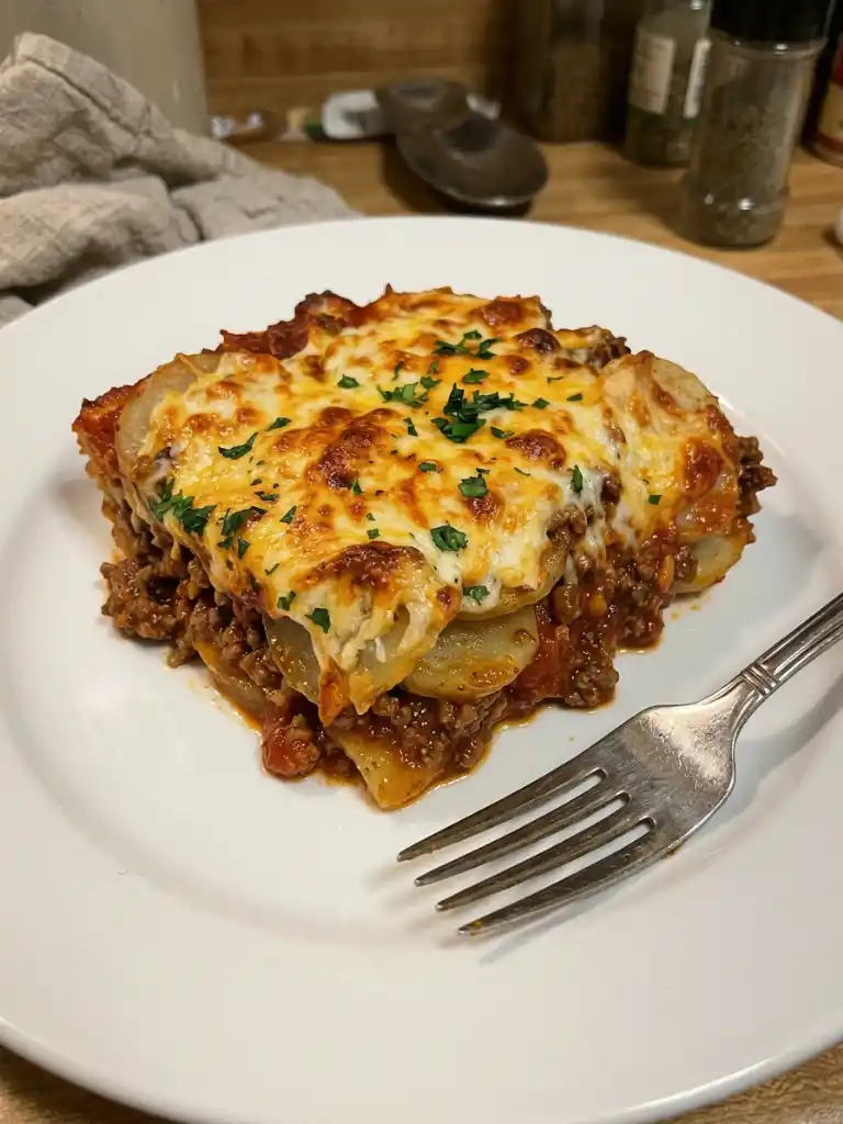 Hobo Casserole Ground Beef served on a plate with layers of potatoes, seasoned beef, and melted cheese