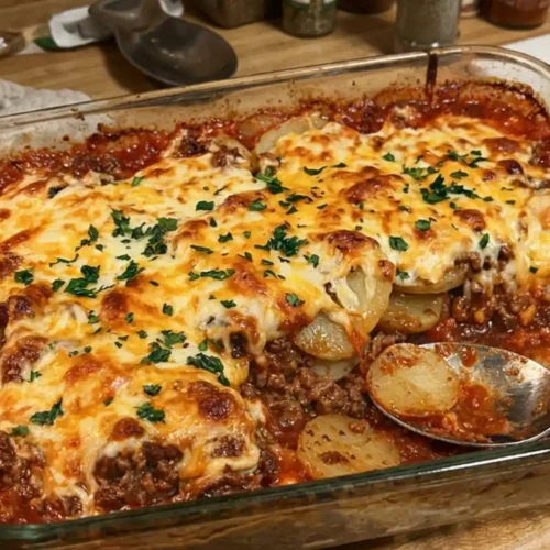 Hobo Casserole Ground Beef baked with sliced potatoes, seasoned beef, and melted golden cheese in a glass dish