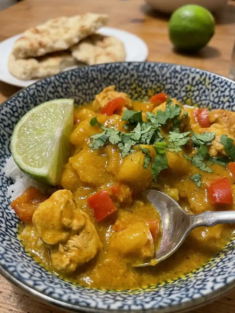 Mango Chicken Curry served over rice with lime wedge, cilantro, and naan bread